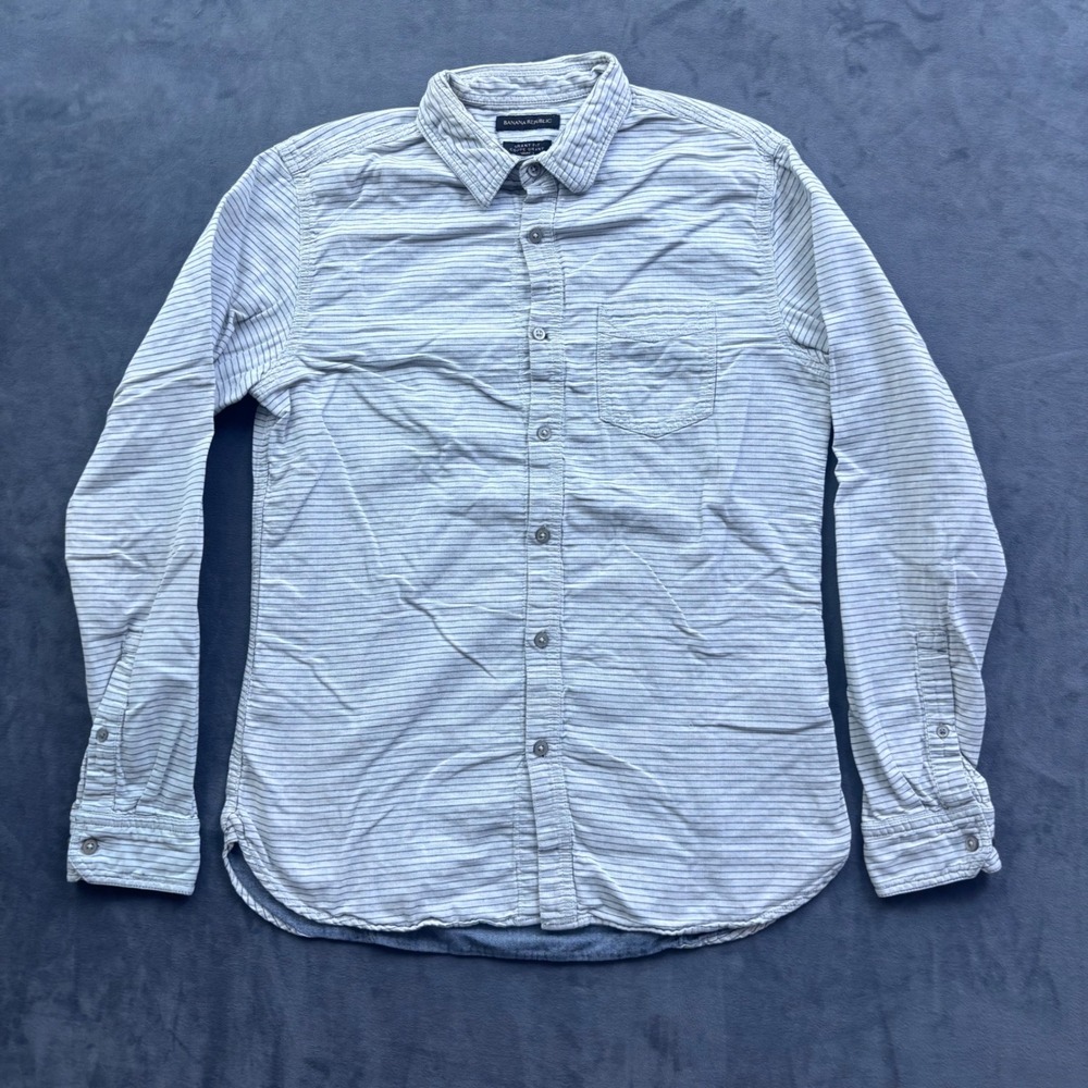 Banana Republic Grant Fit Mens Medium Grey Blue Striped Button Down Shirt